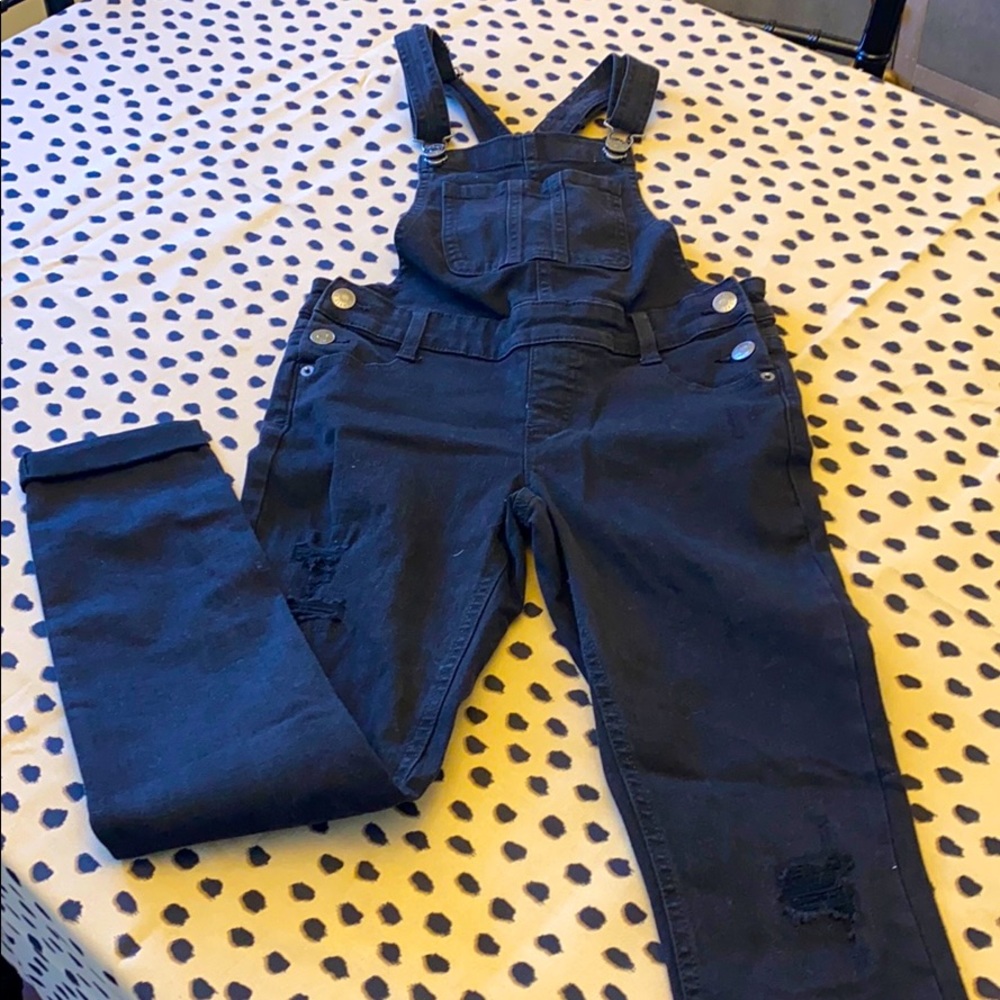 JUSTICE Blk Jean Distressed Overalls, Sz10, NWOT